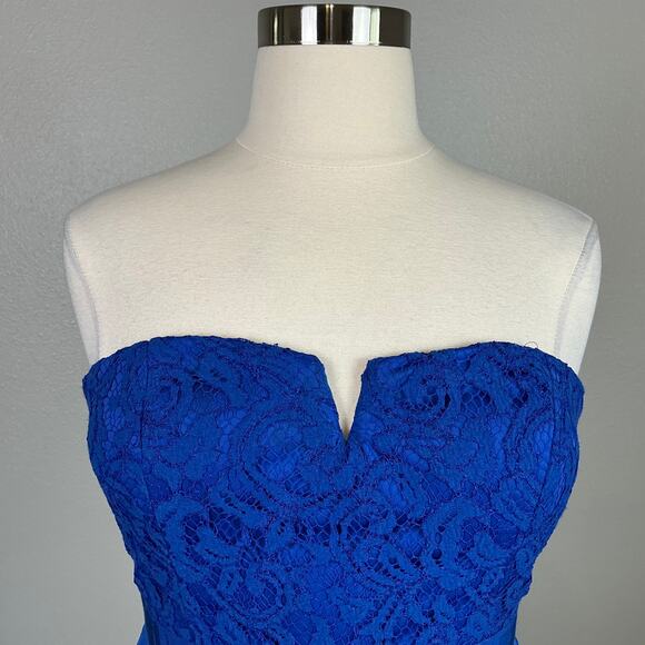 Adrianna Papell Strapless Lace Chiffon Mini Cocktail Dress Blue Size 14 Sheath - Picture 7 of 14
